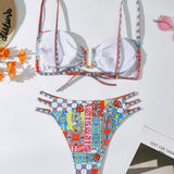 Swim Vcay Conjunto de bikini de verano para tallas grandes con estilo de vacaciones, top de tirantes finos y estampado floral y Bottom ahuecada, adecuado para usar en la playa o en la piscina