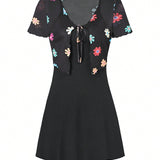 MOD Mujeres Top de malla floral con cinta y vestido corto ajustado con cuello en V cami