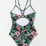 Swim Vcay Mujeres banador de una pieza con estampado floral y de plantas, patron impreso aleatorio, traje de bano para vacaciones de verano en la playa