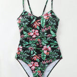 Swim Vcay Mujeres banador de una pieza con estampado floral y de plantas, patron impreso aleatorio, traje de bano para vacaciones de verano en la playa