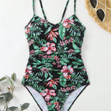 Swim Vcay Mujeres banador de una pieza con estampado floral y de plantas, patron impreso aleatorio, traje de bano para vacaciones de verano en la playa