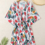 Swim Vcay Vestido suelto de manga corta con cuello en V estampado tropical para mujeres, perfecto para vacaciones de verano en la playa, modelo aleatorio