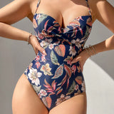 Swim Monokini para mujer con estampado de plantas tropicales, estilo de vacaciones con diseno entrecruzado y soporte con aros y estampado de color aleatorio