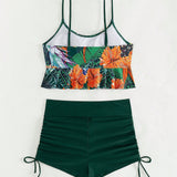 Swim Vcay Conjunto de traje de bano con tirantes finos y corte cuadrado de color puro con impresion de planta para vacaciones en la playa