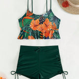 Swim Vcay Conjunto de traje de bano con tirantes finos y corte cuadrado de color puro con impresion de planta para vacaciones en la playa