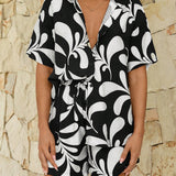 VCAY Camisa de mujer elegante y con estilo para vacaciones impresa en negro y blanco