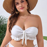 Swim Vcay Top de bikini bandeau de talla grande para el verano en vacaciones en la playa con unicolor de ocio y detalles bordados calados