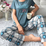 Conjunto de pijama de manga corta con cuadros y estampado de letras para mujer, camiConjuntoa grafica de dibujos animados y pantalones