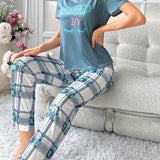 Conjunto de pijama de manga corta con cuadros y estampado de letras para mujer, camiConjuntoa grafica de dibujos animados y pantalones