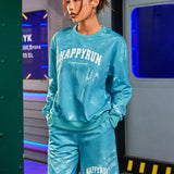 Sport Streetz Conjunto deportivo de primavera para mujer con estampado de letras y tie-dye, manga larga y shorts