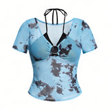 Prive Top de verano transparente con estampado Tie-Dye y cuello Halter para mujeres