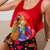 SCOOBY-DOO X  Conjunto de Tankini rojo para mujer con estampado de corazones en dibujos animados