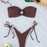 Conjunto de bikini de 2 piezas para mujer con parte superior bandeau con aro y braguita de lazo lateral, de nylon