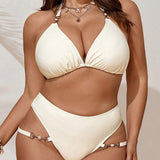 Swim Vcay Conjunto de bikini de talla grande para la playa de verano con detalles circulares y diseno de cuello halter