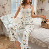 Conjunto de pijama pantalones con top con estampado floral ribete con fruncido