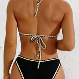 NEW  Swim Vcay Conjunto de bikini de vacaciones triangular para mujeres con cuello de corbata y ribete de contraste y panty separado