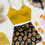 WYWH Conjunto casual de dos piezas para mujer con camiseta sin mangas de borde curvado y shorts estampados con girasoles para vacaciones