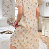 CottageSlumber Vestido de dormir de manga corta para mujer con decoracion de falsa tapeta y lazo floral