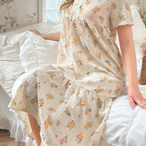 CottageSlumber Vestido de dormir de manga corta para mujer con decoracion de falsa tapeta y lazo floral
