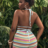 Slayr Conjunto sexy de chaleco y pantalones cortos para mujeres con cuello Halter y espalda descubierta, de bloque de color y rayas, para festivales de musica y playa