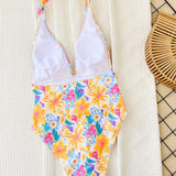 Swim Vcay Traje de bano de una sola pieza para mujer con estampado floral, tirante en el cuello, ropa de playa, estampado aleatorio, para vacaciones de playa en verano