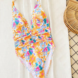 Swim Vcay Traje de bano de una sola pieza para mujer con estampado floral, tirante en el cuello, ropa de playa, estampado aleatorio, para vacaciones de playa en verano