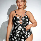 Swim Event Conjunto tankini con estampado de calaveras para mujer de talla grande con cruzado en la parte delantera para vacaciones de playa, verano