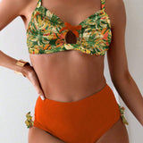 NEW  Swim Vcay Conjunto de traje de bano de mujer con estampado de planta para playa, vacaciones o piscina