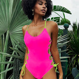 Swim Traje de bano de una pieza para mujer con bloques de color y lazos laterales, perfecto para playa y vacaciones