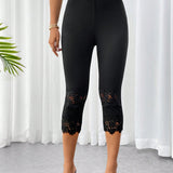 Prive Pantalones capri negros ajustados con insercion de encaje para mujer, elegantes y sencillos para usar durante el dia o en vacaciones y citas