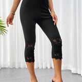 Prive Pantalones capri negros ajustados con insercion de encaje para mujer, elegantes y sencillos para usar durante el dia o en vacaciones y citas