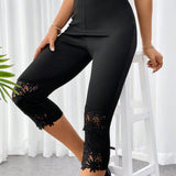 Prive Pantalones capri negros ajustados con insercion de encaje para mujer, elegantes y sencillos para usar durante el dia o en vacaciones y citas