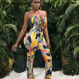 Slayr Beach Vacation Cross Halter Neck Hollow Out Flare Pants Tropical Full Print Women Jumpsuit