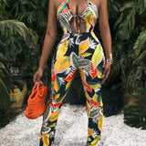 Slayr Beach Vacation Cross Halter Neck Hollow Out Flare Pants Tropical Full Print Women Jumpsuit