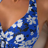 Swim Traje de bano de cuello halter para mujeres con estampado floral y detalle fruncido para un look maduro y encantador, perfecto para vacaciones