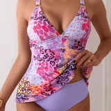 Swim Lushore Top Tankini Con Estampado De Leopardo Aleatorio De Playa De Verano Y Bottom De Triangulo De unicolor