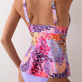 Swim Lushore Top Tankini Con Estampado De Leopardo Aleatorio De Playa De Verano Y Bottom De Triangulo De unicolor