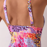 Swim Lushore Top Tankini Con Estampado De Leopardo Aleatorio De Playa De Verano Y Bottom De Triangulo De unicolor