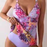 Swim Lushore Top Tankini Con Estampado De Leopardo Aleatorio De Playa De Verano Y Bottom De Triangulo De unicolor