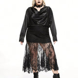 ROMWE Goth Camisa suelta de saten con cuello de caida oscura para festival de musica country occidental, sey, de a grande