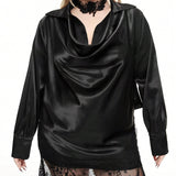 ROMWE Goth Camisa suelta de saten con cuello de caida oscura para festival de musica country occidental, sey, de a grande