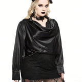 ROMWE Goth Camisa suelta de saten con cuello de caida oscura para festival de musica country occidental, sey, de a grande