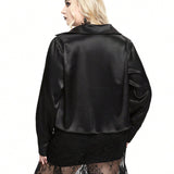 ROMWE Goth Camisa suelta de saten con cuello de caida oscura para festival de musica country occidental, sey, de a grande