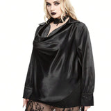 ROMWE Goth Camisa suelta de saten con cuello de caida oscura para festival de musica country occidental, sey, de a grande