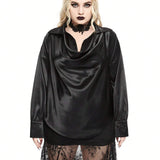 ROMWE Goth Camisa suelta de saten con cuello de caida oscura para festival de musica country occidental, sey, de a grande