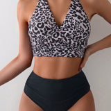 Swim Lushore Conjunto de bikini de camisola con estampado de leopardo para mujer