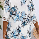 Mujeres de a grande vacaciones floral impreso hueco flojo elegante camisa con mangas 3/4