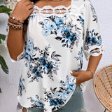 Mujeres de a grande vacaciones floral impreso hueco flojo elegante camisa con mangas 3/4