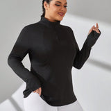 Sport Studio Sudadera deportiva reflectante de manga larga con rayas, talla grande para mujeres con media tapeta de cremallera