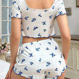 CottageSlumber Conjunto de pijama para mujer de verano con top de manga corta con cuello cuadrado, estampado floral, ribete de volantes y pantalon corto con dobladillo con abertura